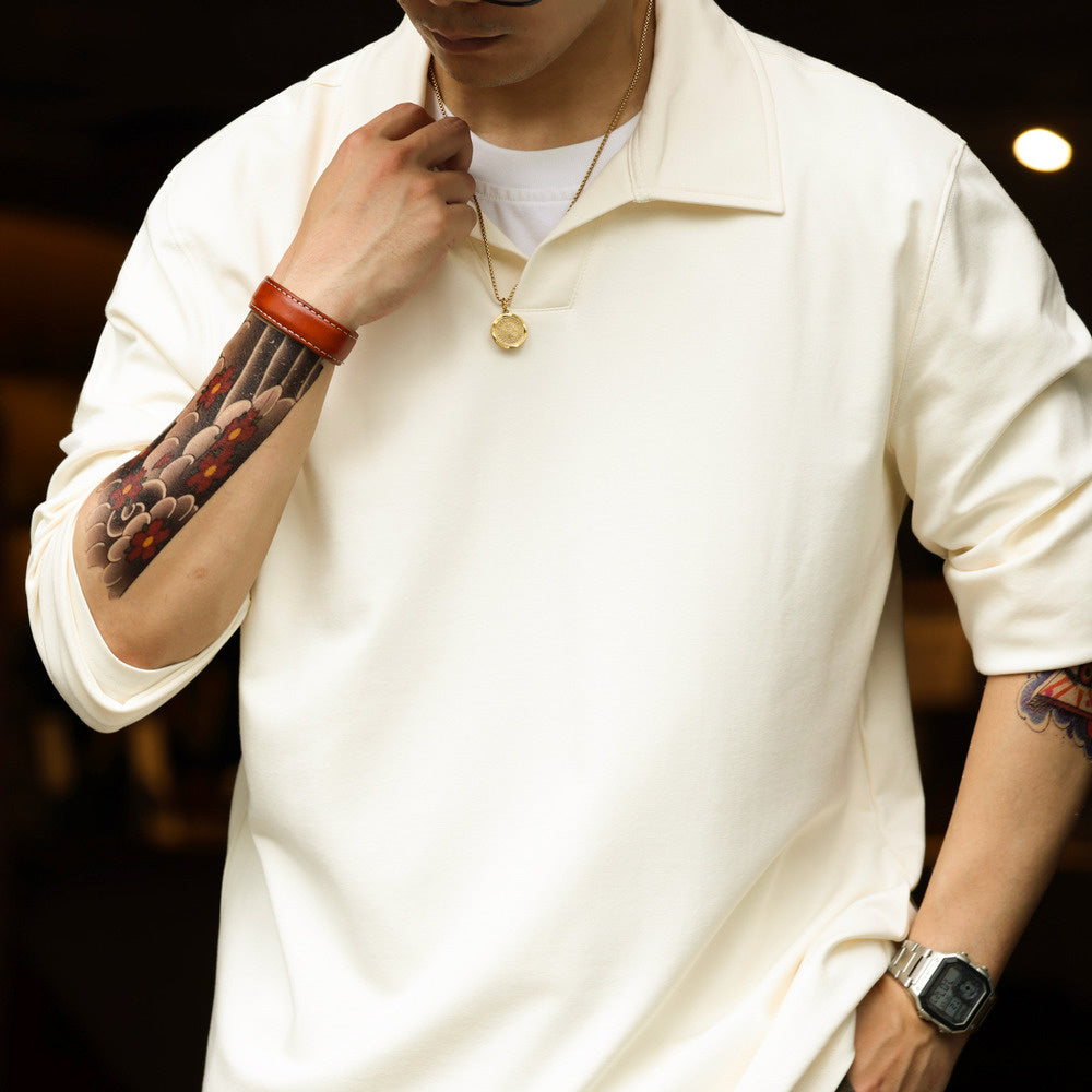 Casual 280g skin friendly mini velvet small V-neck long sleeved T-shirt with loose apricot base POLO shirt