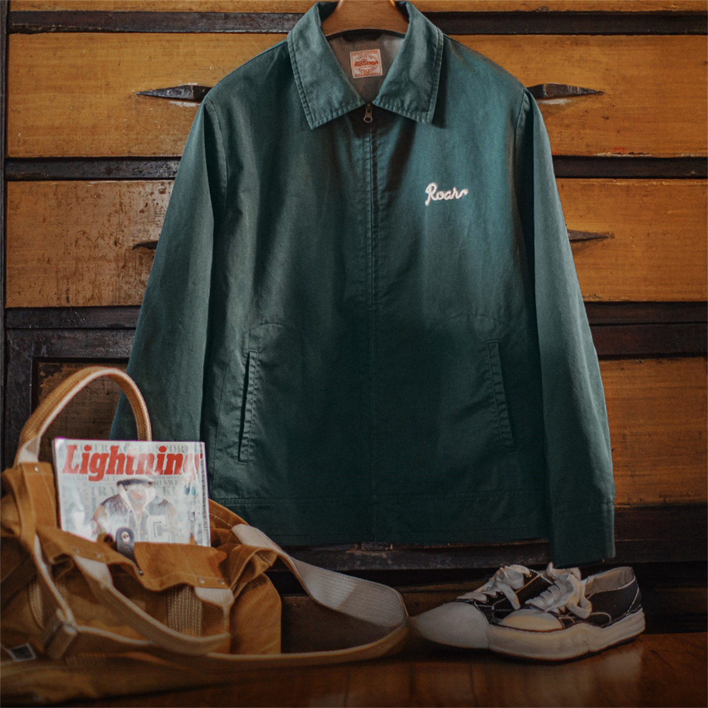 American retro embroidery lapel, dark green pure cotton long sleeved shirt