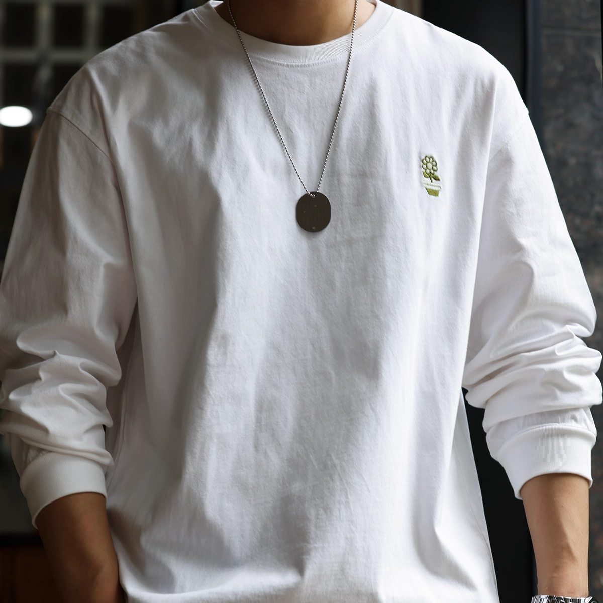 Minimally Embroidered Small Flower Men'S Loose Casual 260g Round Neck White T-Shirt