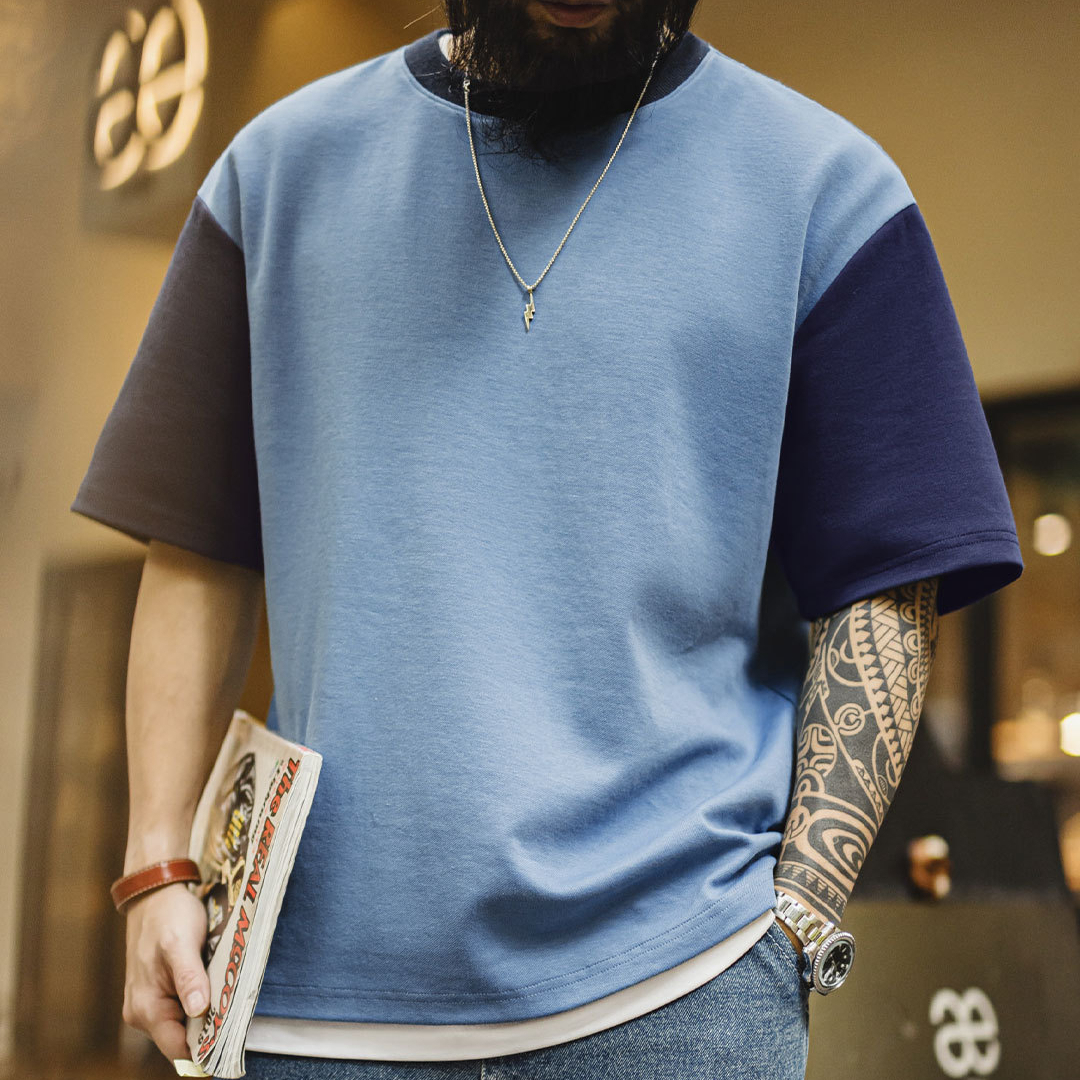 American retro color blocked threaded collar with loose shoulder sleeves T-shirt