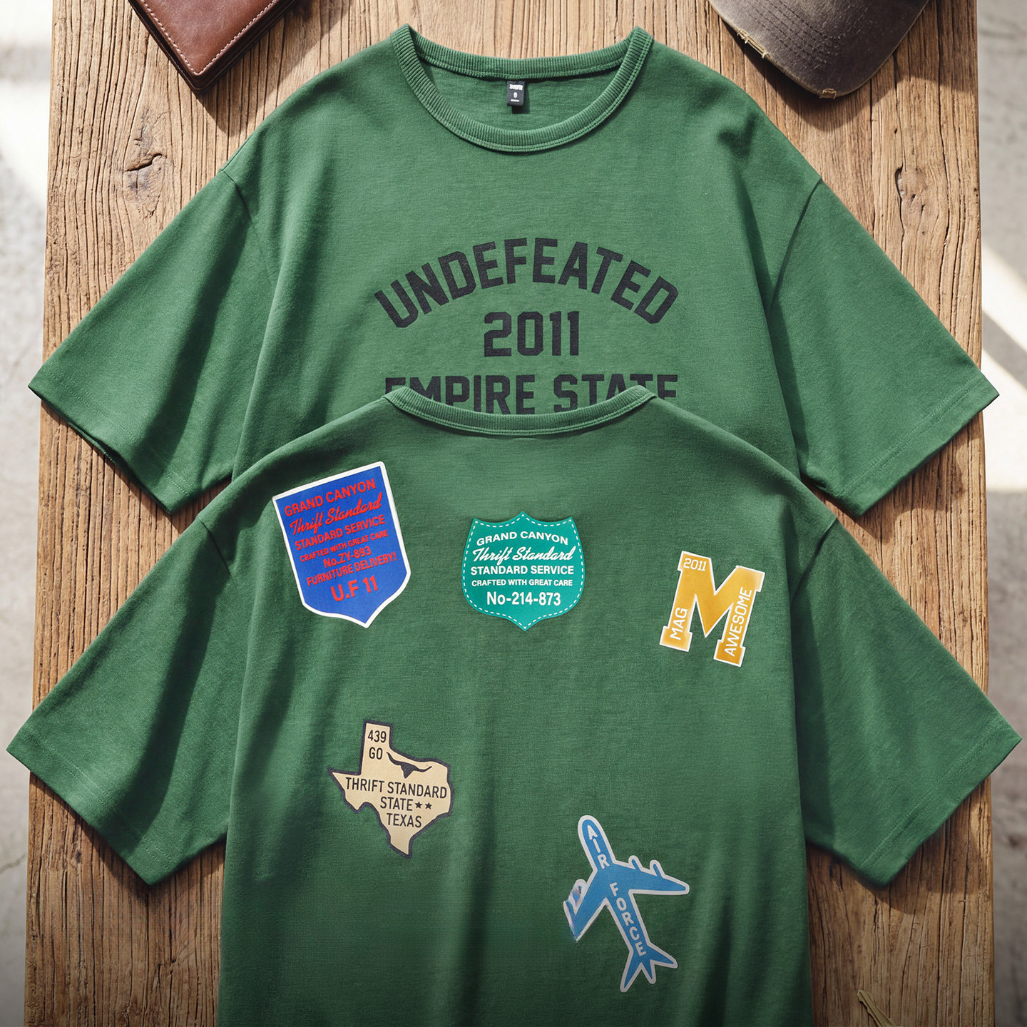 American Printed Green Round Neck Shoulder Design Short Sleeved T-Shirt