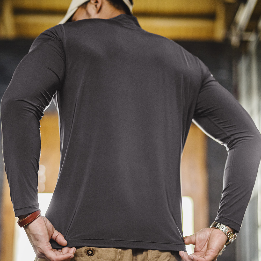 American style semi high neck fitness elastic gray slim fit ice silk long sleeved T-shirt