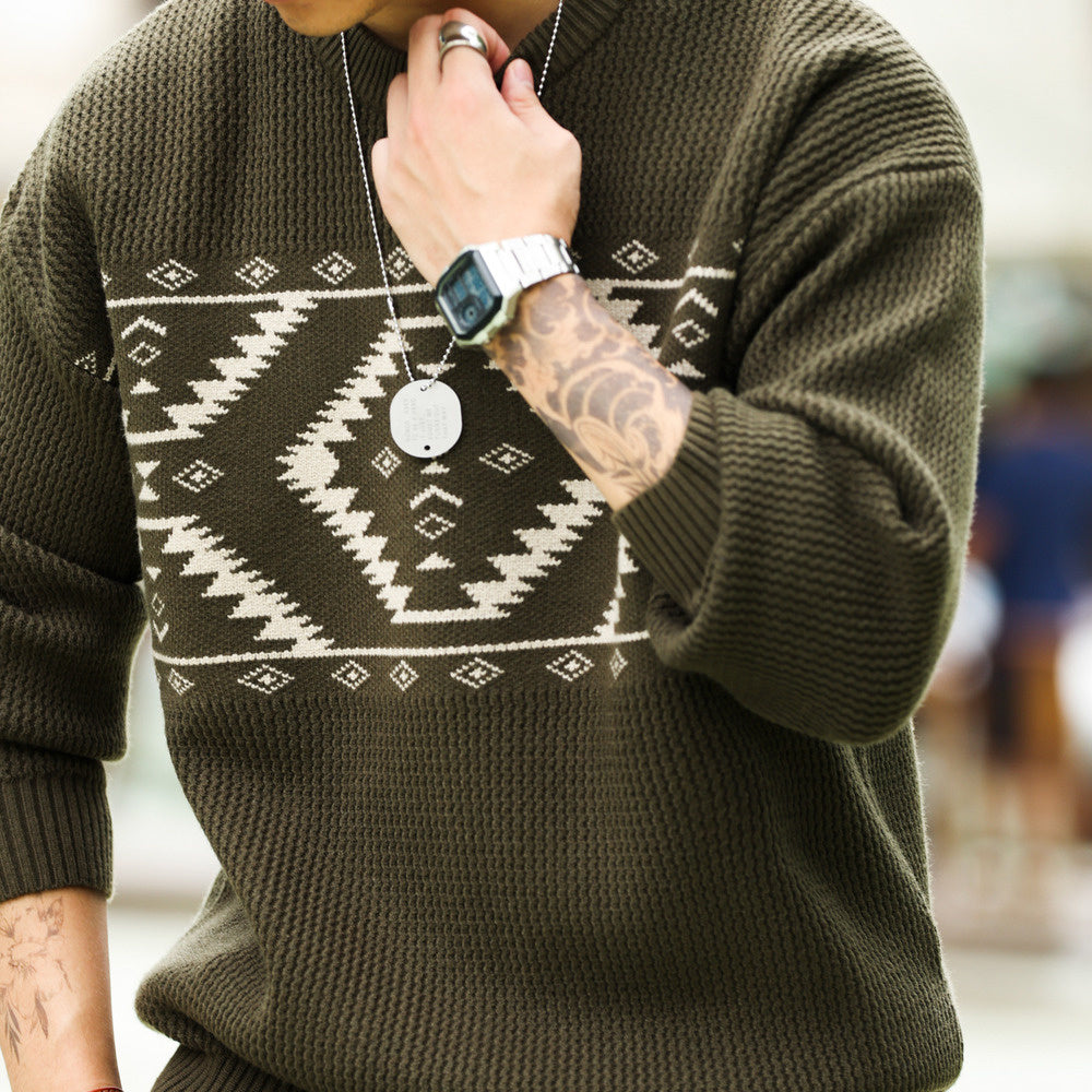 Vintage Navajo diamond jacquard sweater loose 800g heavyweight ethnic style knitted top