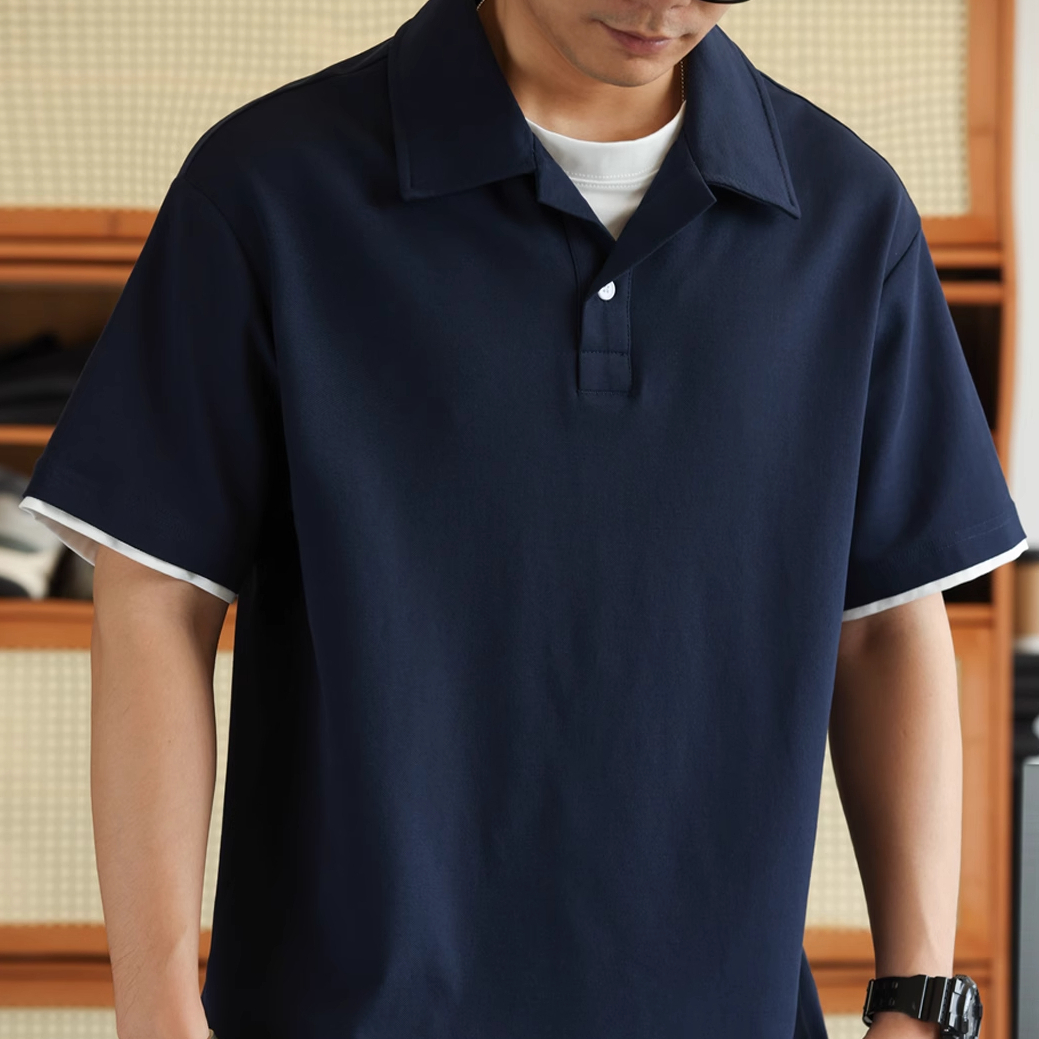 American style fake two Cuban collar men's casual thin polo shirts