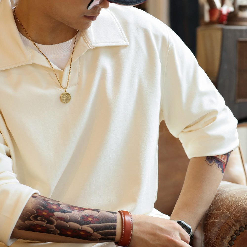 Casual 280g skin friendly mini velvet small V-neck long sleeved T-shirt with loose apricot base POLO shirt