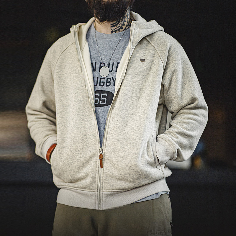 Maden Casual Snowflake Grey Hoodie Heavyweight Plush Zipper Sports Cardigan Coat