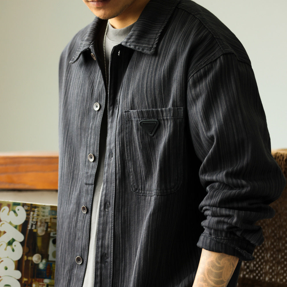 Retro heavyweight bamboo striped shirt jacket with a high-end feel, loose and casual long sleeved shirt