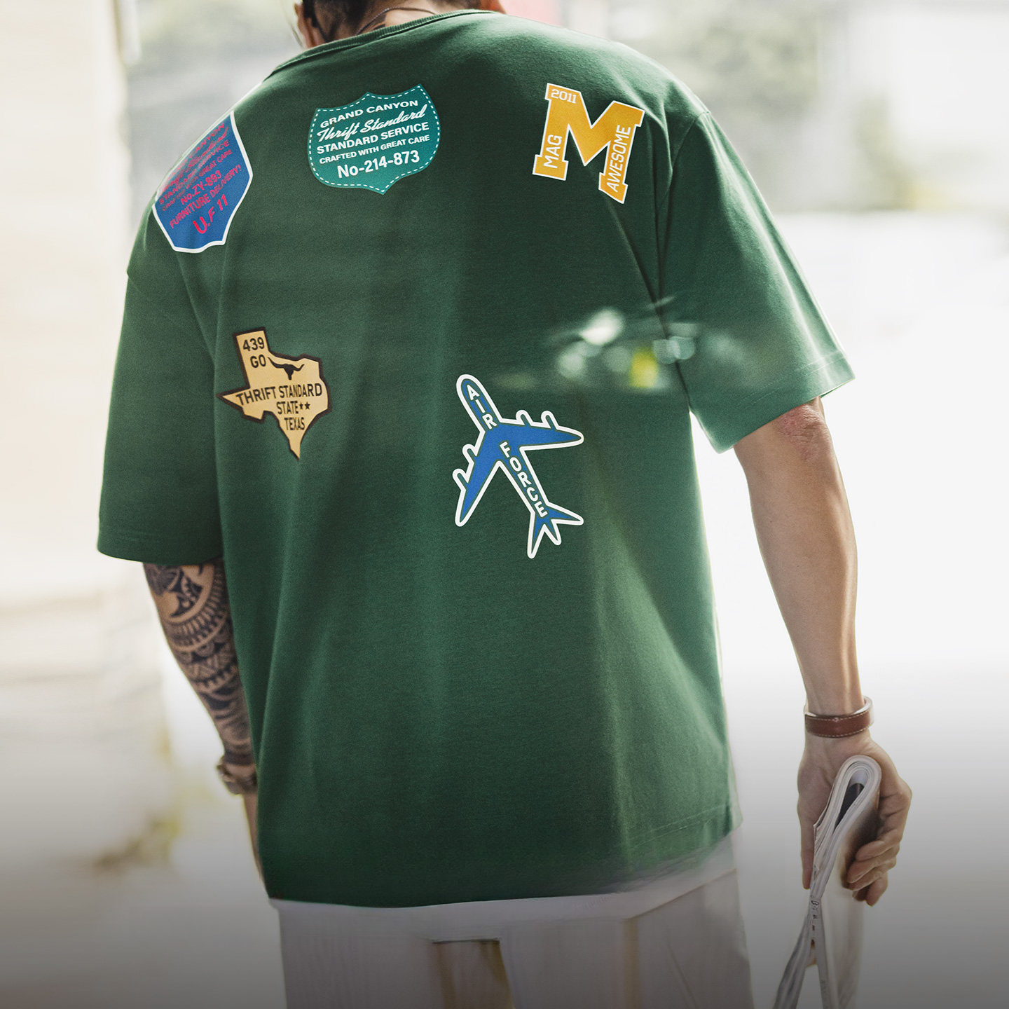 American Printed Green Round Neck Shoulder Design Short Sleeved T-Shirt