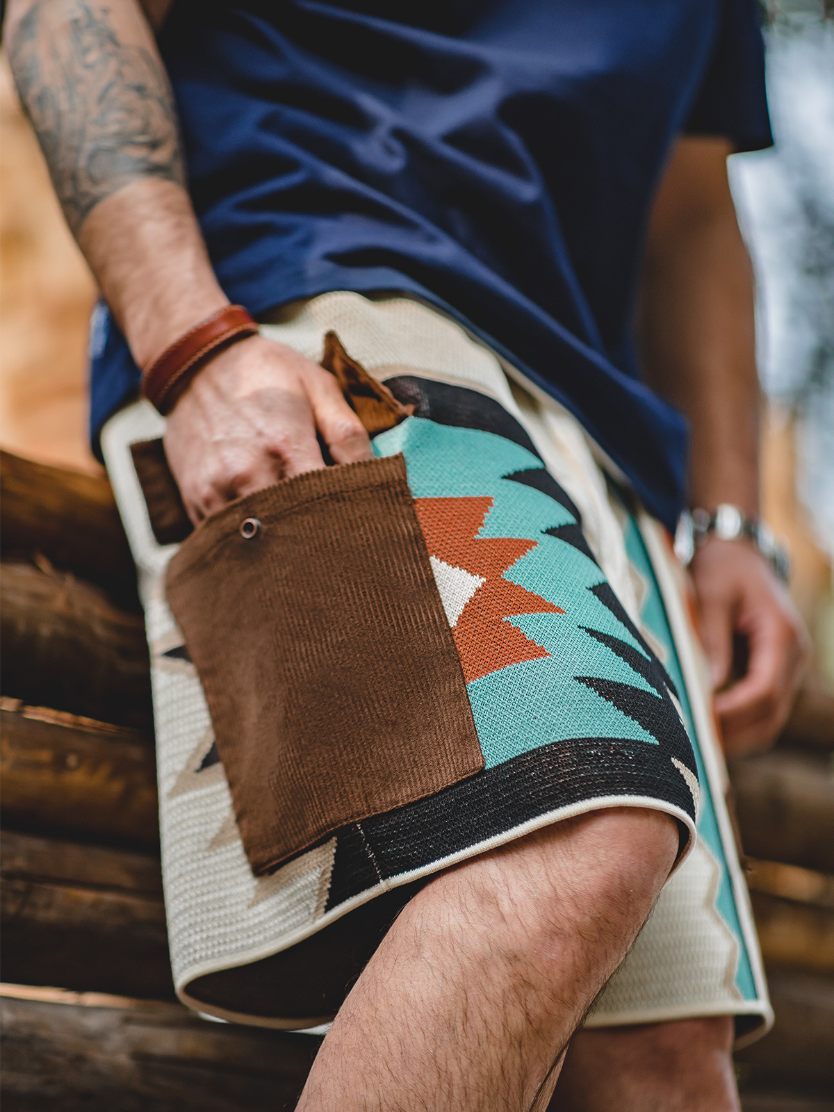 Maden Retro Navajo Knitted Shorts with Contrast Embroidered Five-inch Guards