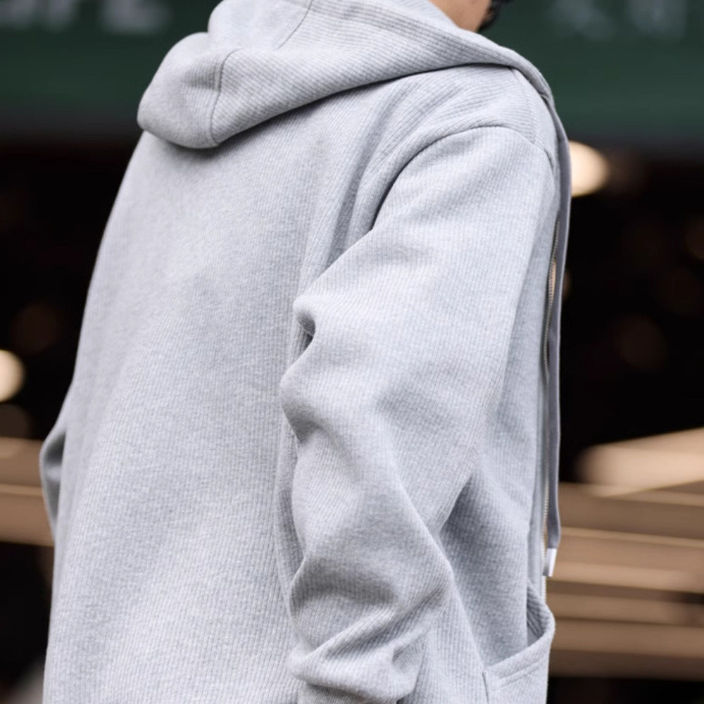 Heavy duty fleece cardigan hooded sweatshirt for men with loose pit stripes, paired with a warm jacket