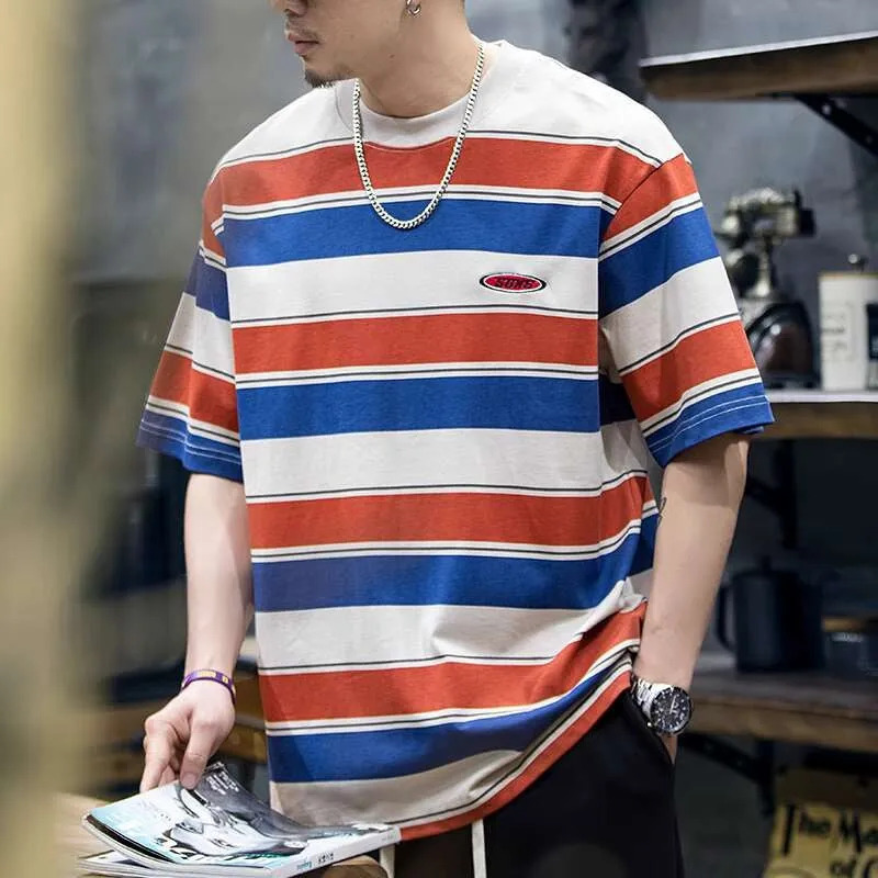 230g American retro striped men's summer trendy embroidered loose T-shirt
