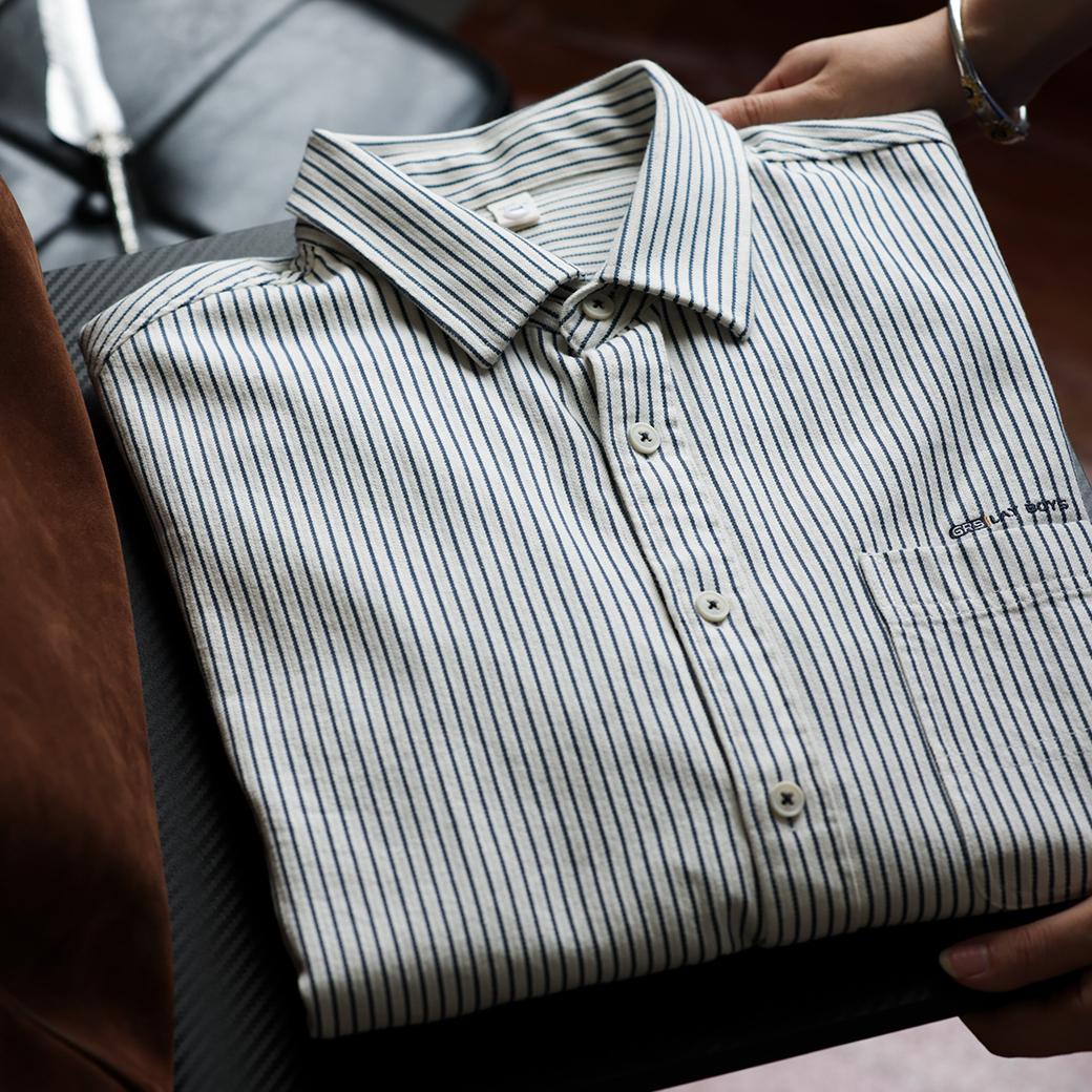 American Style Minimalist Contrasting Striped Men's Embroidered Pocket Shirt