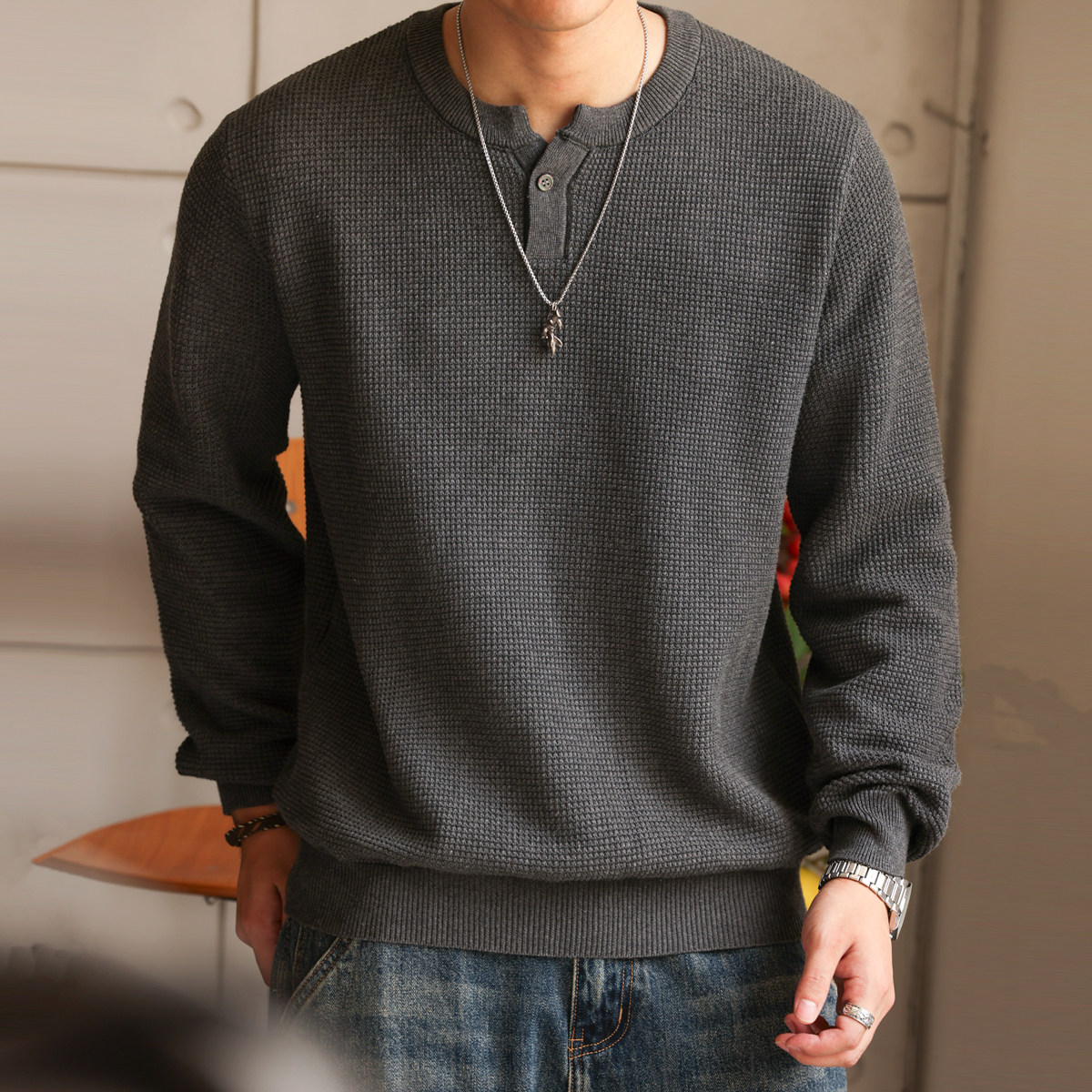 American Retro Nouveau Riche Henry Collar Knitted Men'S Fine Needle Floral Yarn Casual Long Sleeved Shirt