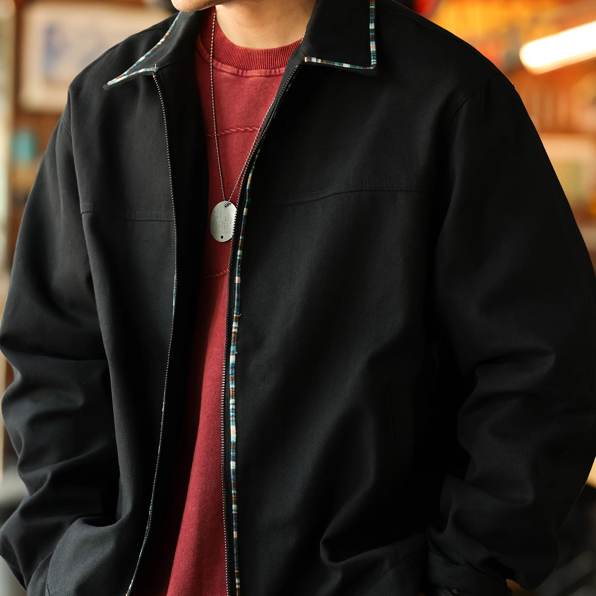 American Retro High-End Canvas Men'S Woven Stripe Design Lapel Workwear Jacket