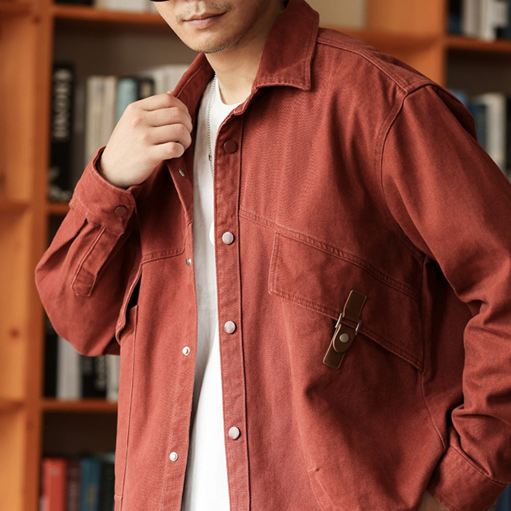 BGYO Gray series Ankela red shirt jacket men's loose Paris button slanted pocket workwear shirt autumn