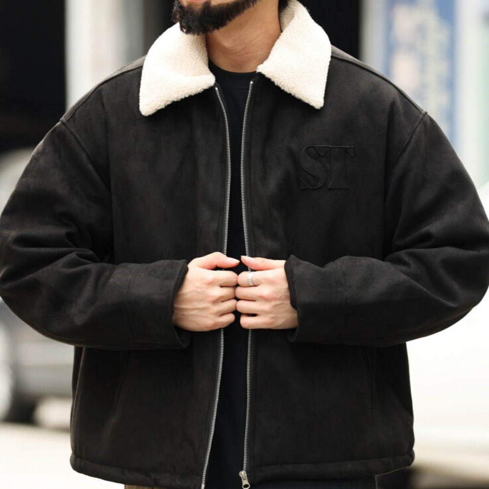 Retro vintage suede jacket, loose embroidery, thick clip cotton collar jacket, cotton jacket