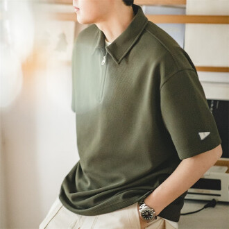 Maden Japanese-Style Retro Waffle Short-Sleeved T-shirt Profile Solid Color Polo Collar Base Shirt