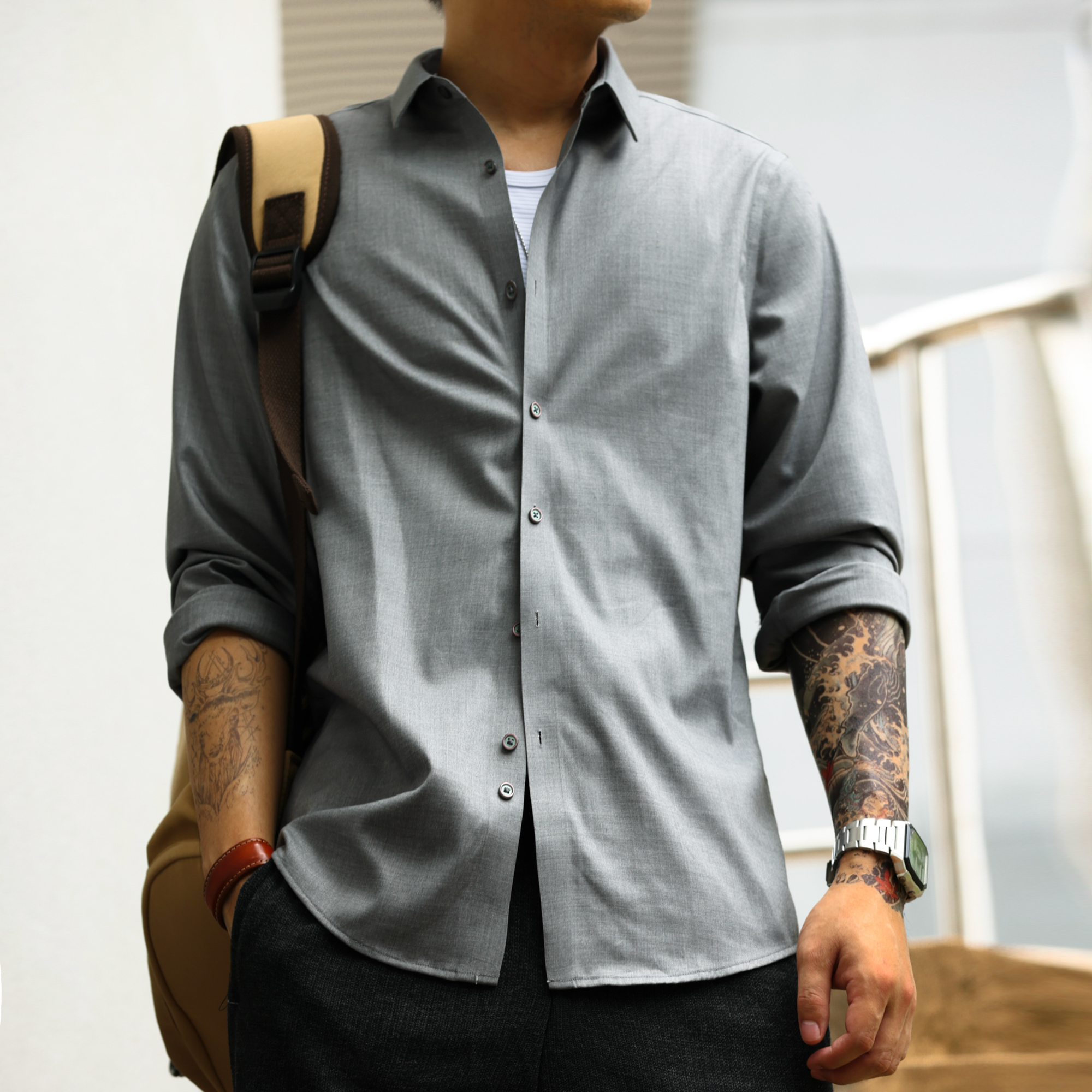 American casual commuting men's wrinkle resistant Modal long sleeved shirt