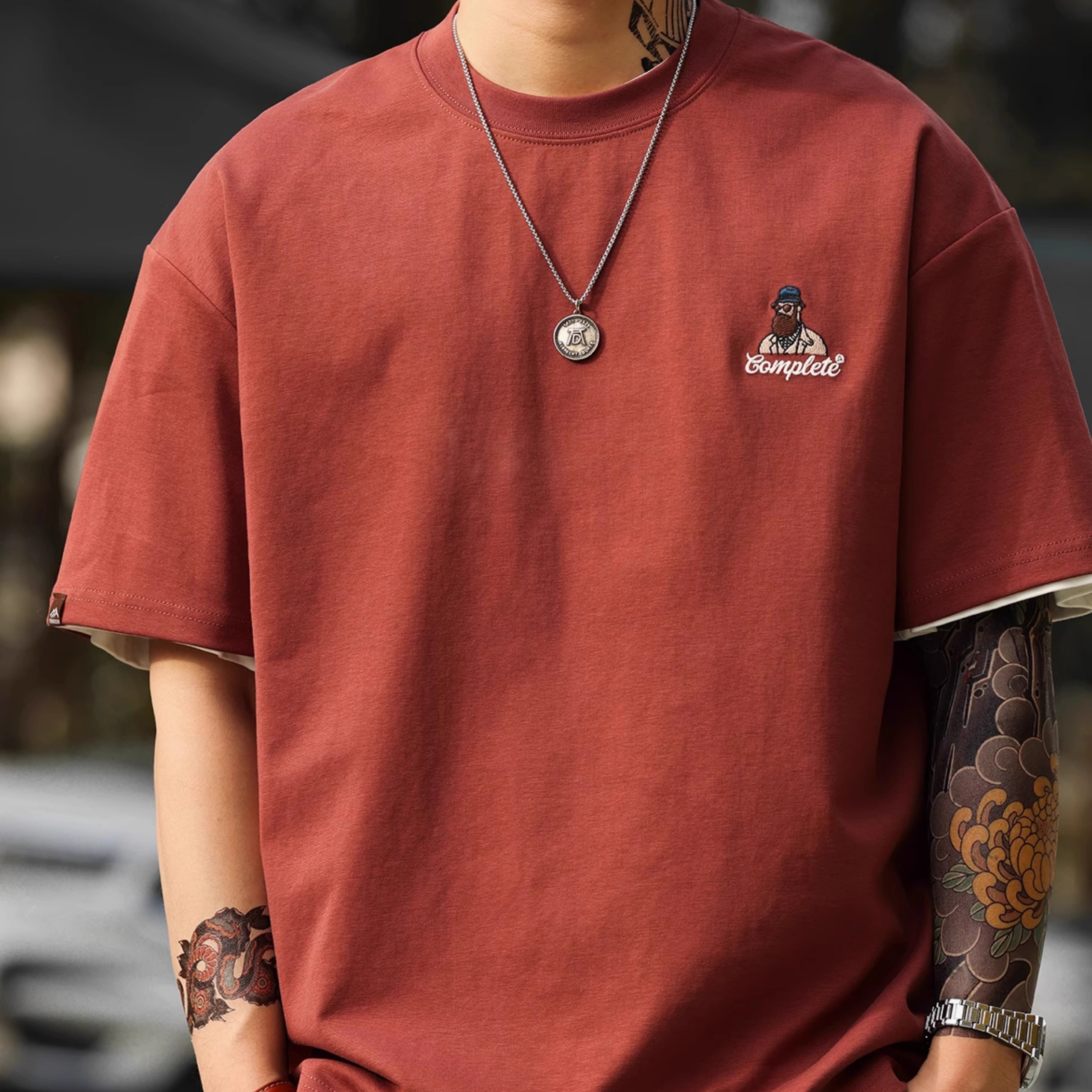 American casual fun embroidery 210g cotton short pulled T-shirt