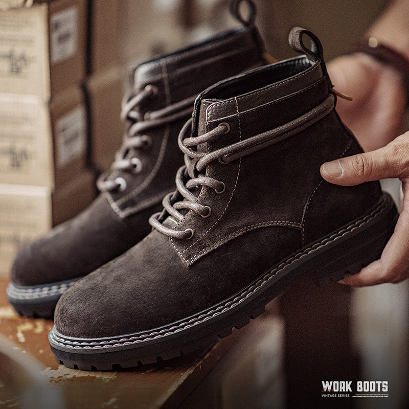 Maden Wilderness Brown Retro Work Boots Casual Mid Top Thick Bottom Leather Breathable Martin Boots