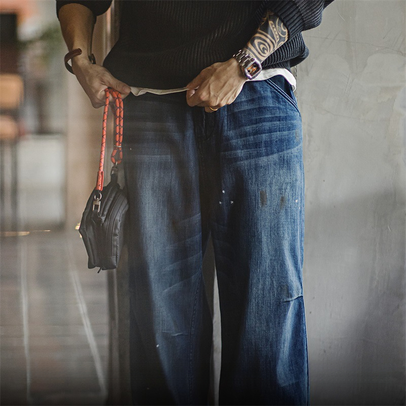 Maden vintage distressed white cat whiskers loose washed denim splashed ink straight leg jeans