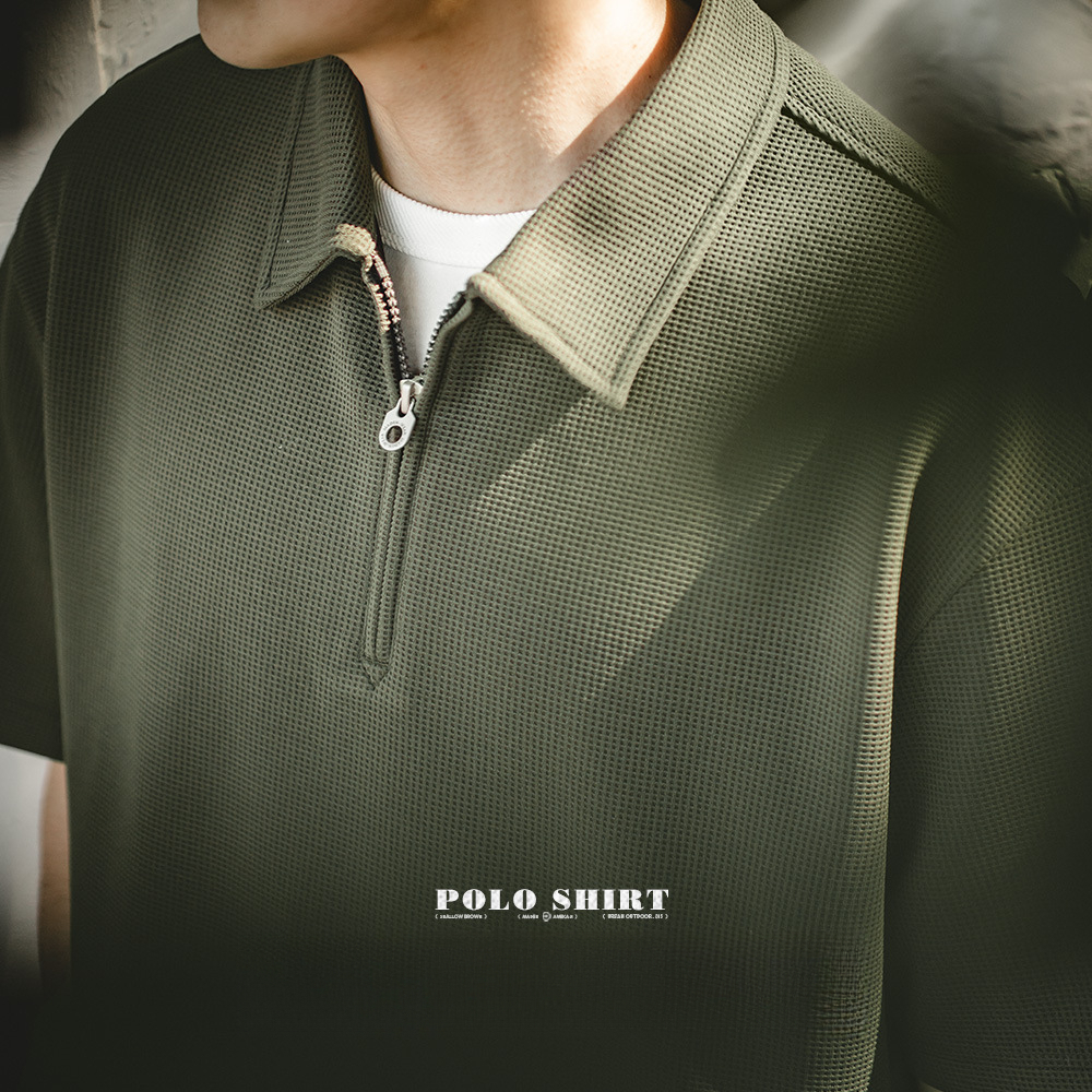 Maden Japanese-Style Retro Waffle Short-Sleeved T-shirt Profile Solid Color Polo Collar Base Shirt