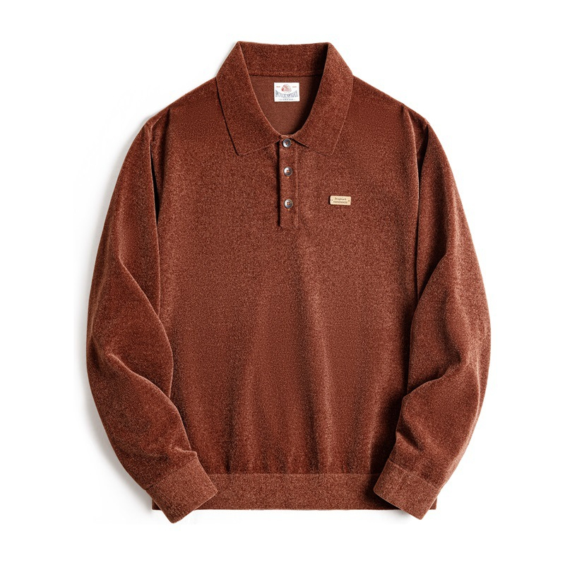 Maden Retro Chenille Half Open Polo Shirt Loose Collar Pullover Long Sleeve T-Shirt