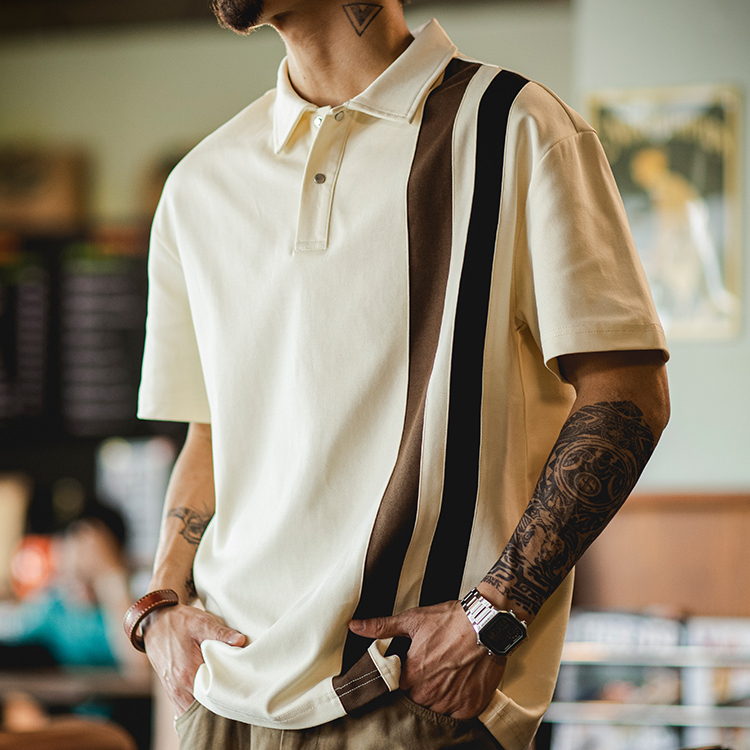 American retro patchwork contrasting color men's summer new casual elastic polo shirt
