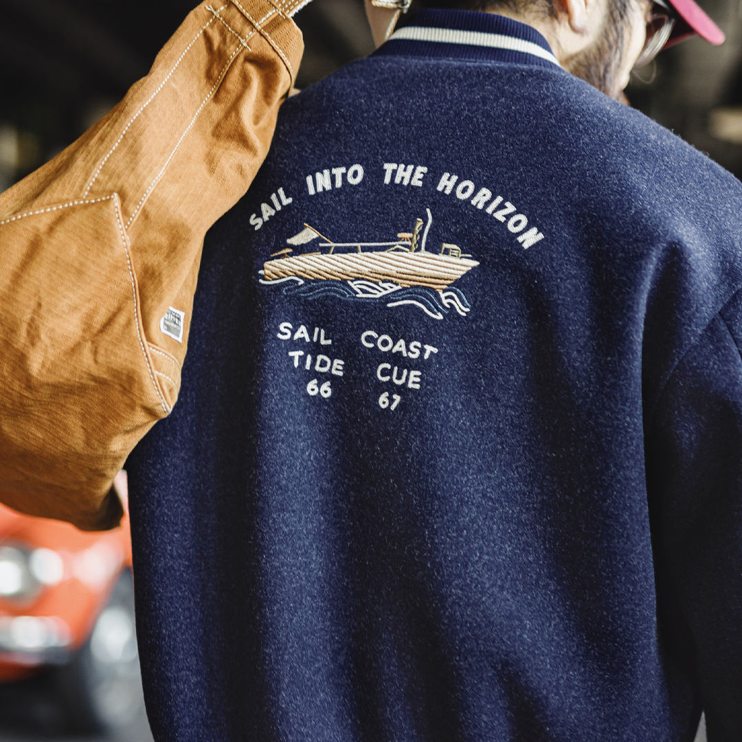 American Retro Blue Embroidered Contrasting Short Jacket