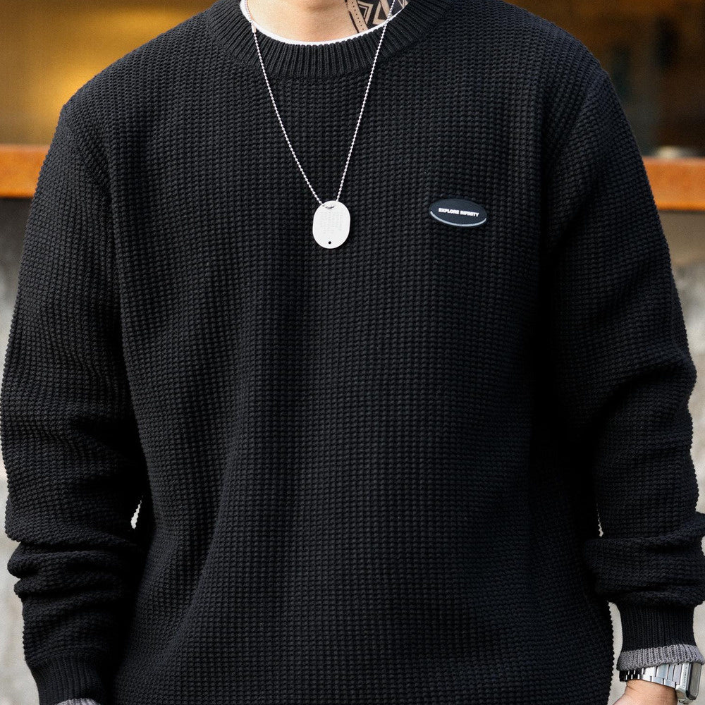 Fake two thick needle and thread sweaters for men, loose fit, sporty, lazy, long sleeved knitted base sweater