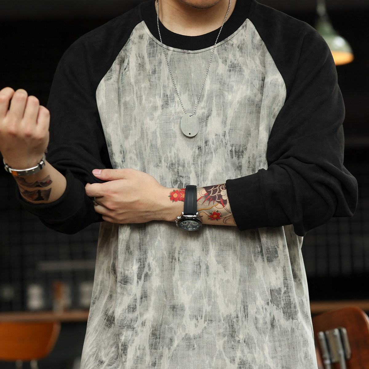 American Marble Patterned Men'S 360g Contrasting Long Sleeved Sweatshirt