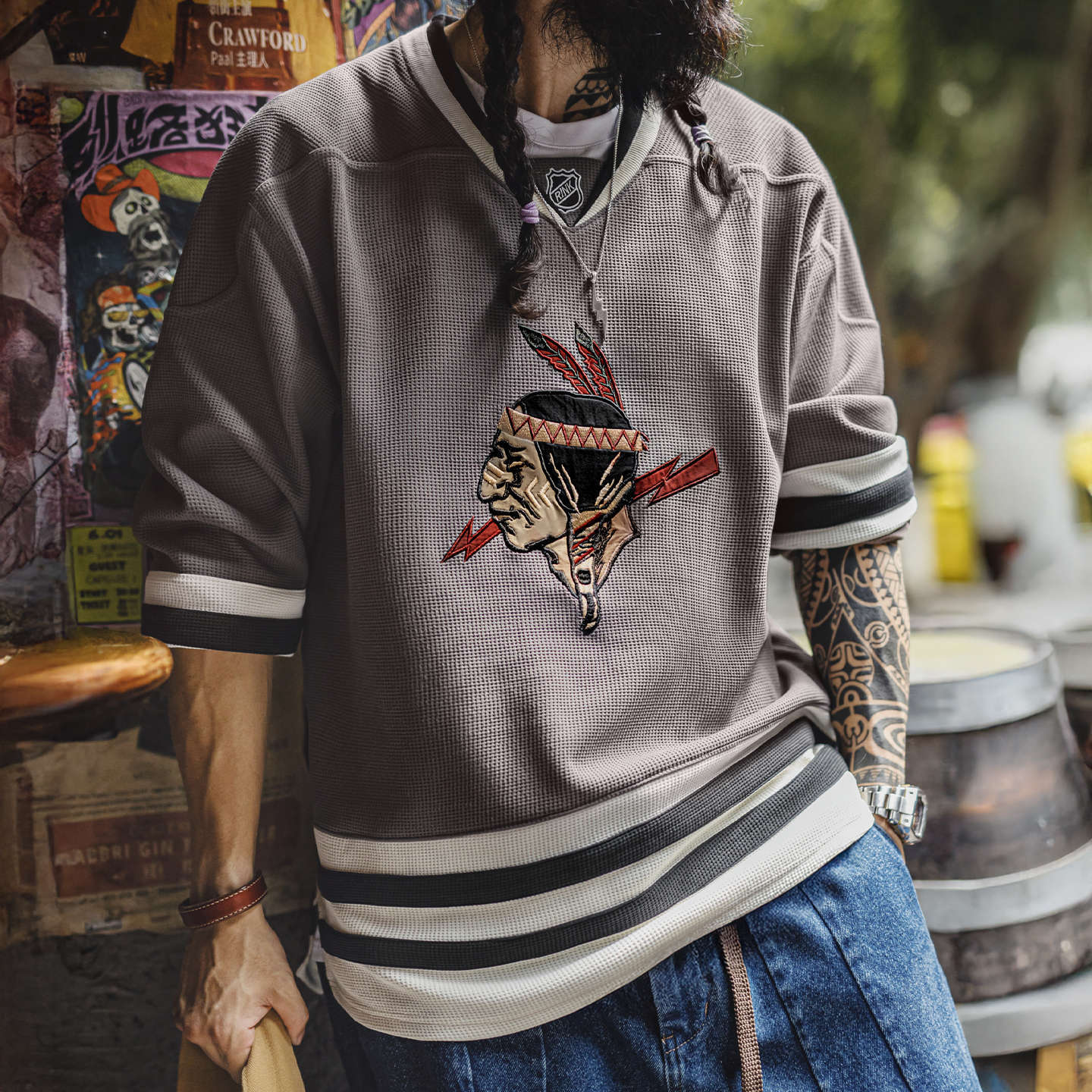 American Retro Indian V-neck Waffle Embroidered Knitted Long Sleeve T-shirt