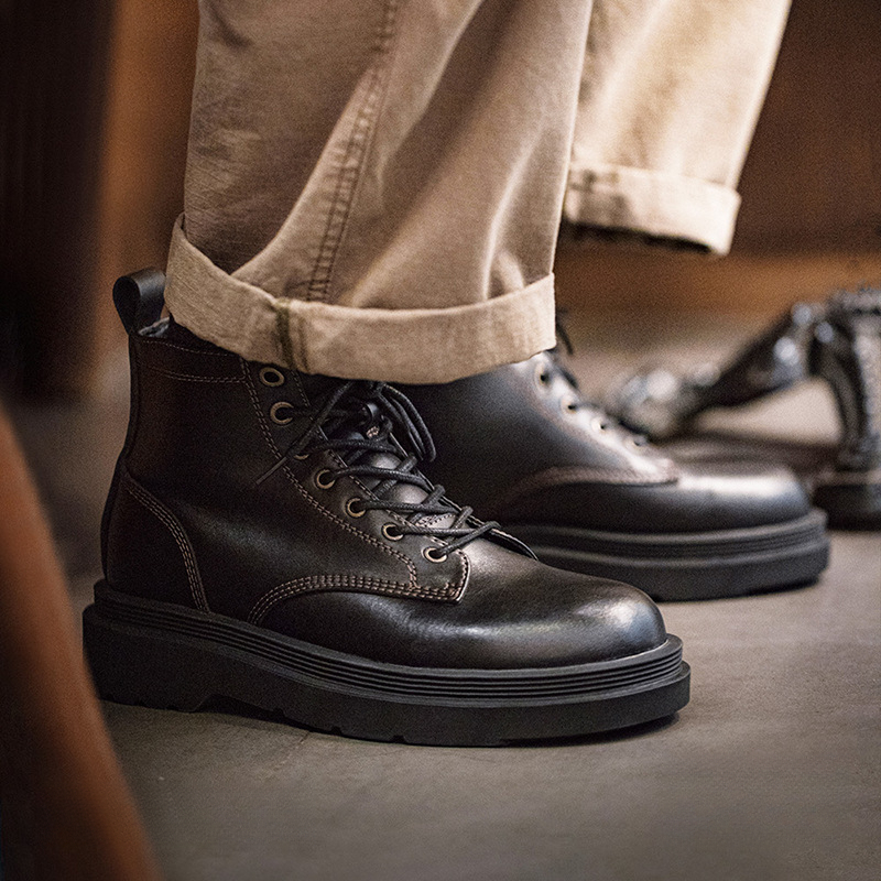 Maden retro workwear boots men's shoes black mid top British style thick soled Block Martin boots