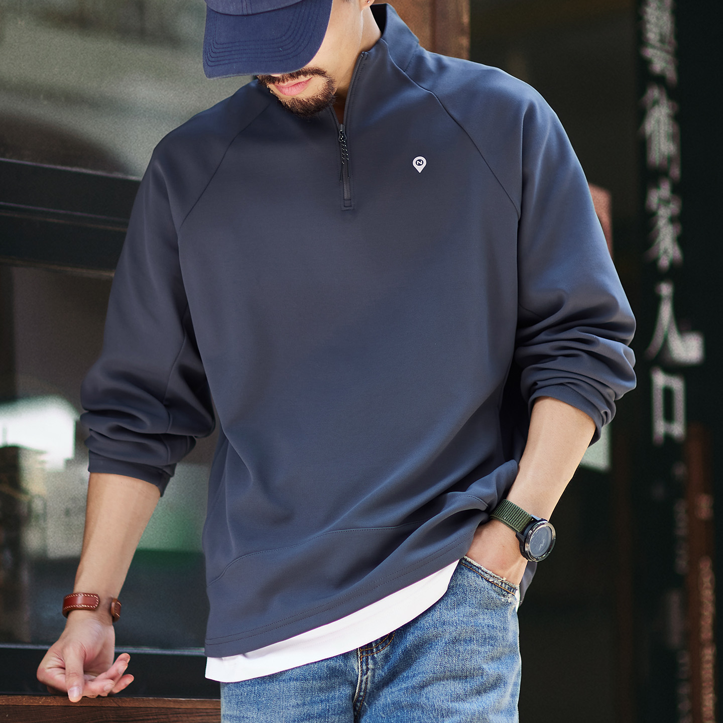 Stand Up Windproof Half Zipper Men'S 2025 Autumn New Loose Cityboy Shoulder Sweatshirt