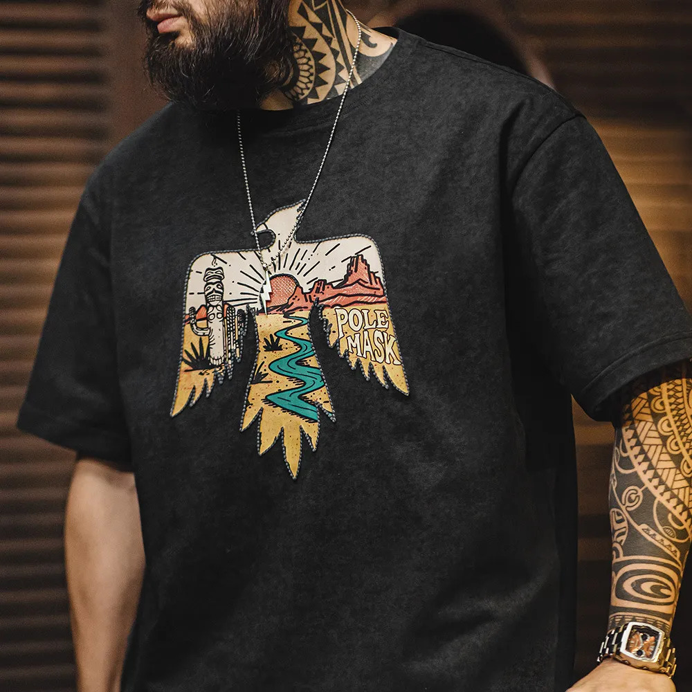 American retro Indian Thunderbird embroidered printed men's T-shirt
