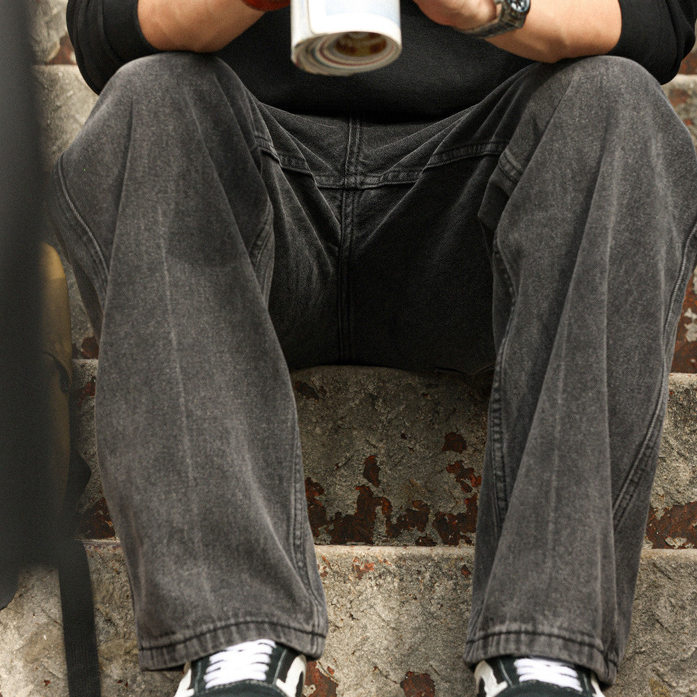 Retro washed black jeans vintage heavyweight drape straight leg wide leg pants