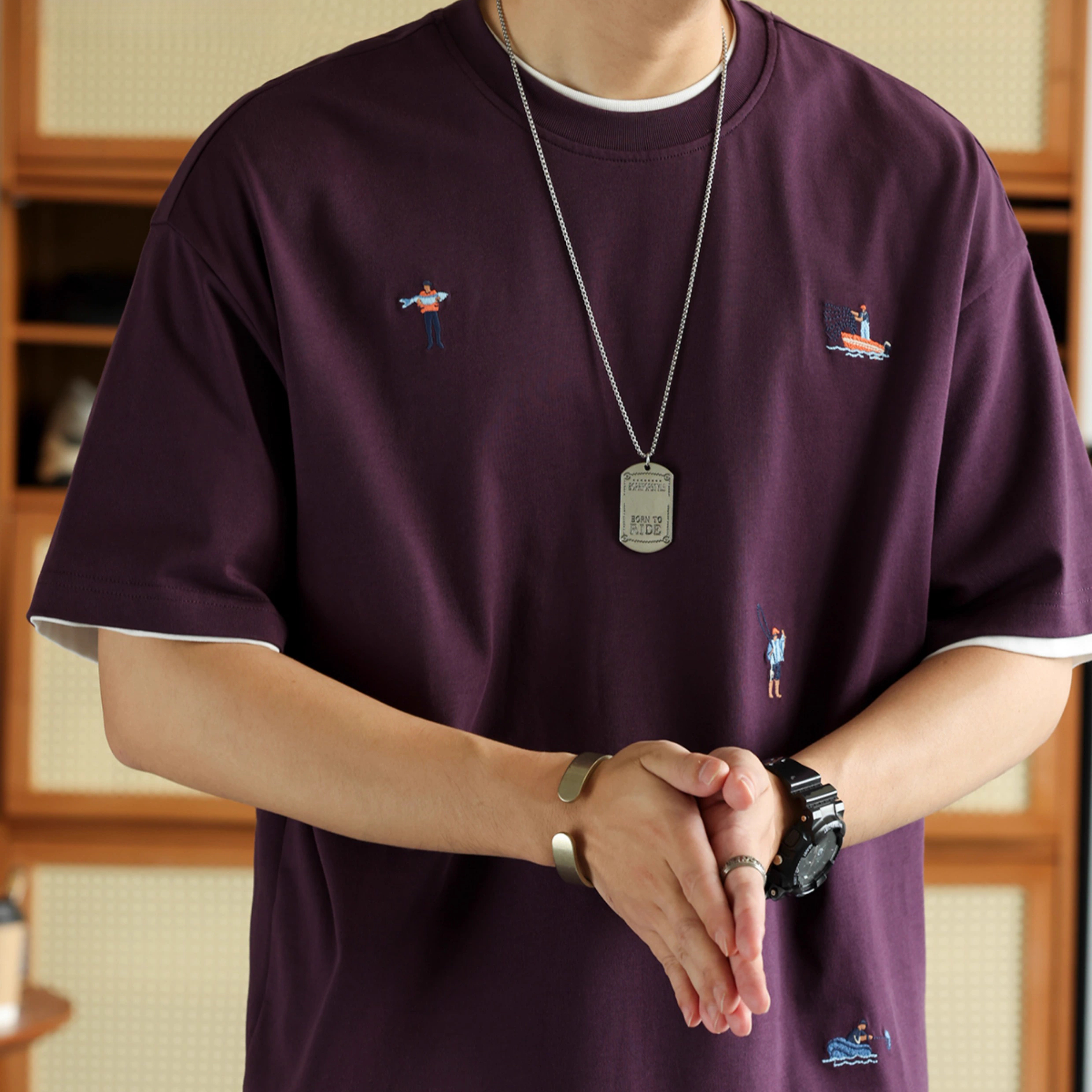 Fun embroidery men's 260g pure cotton round neck short sleeved T-shirt