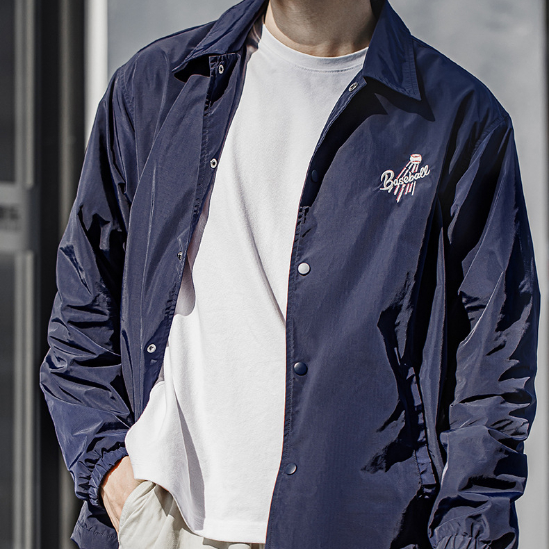 Japanese Retro Embroidered Navy Blue Lapel Coach Jacket