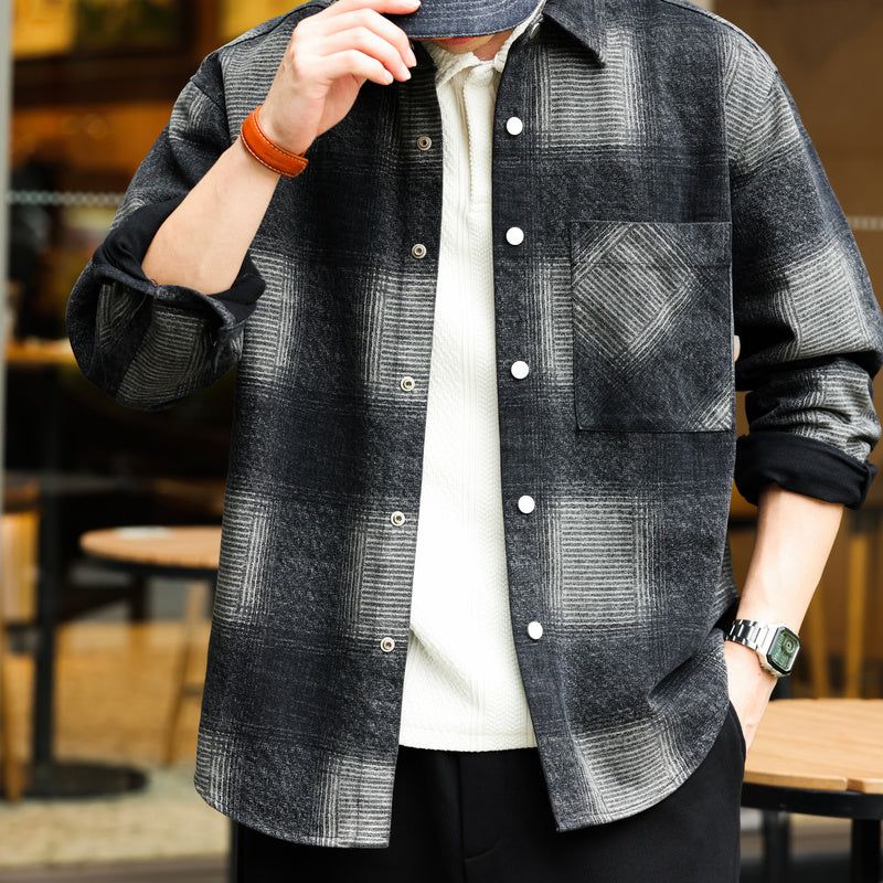 Chicano long sleeved faux woolen shirt, dyed and contrasting plaid brushed inch sweater jacket