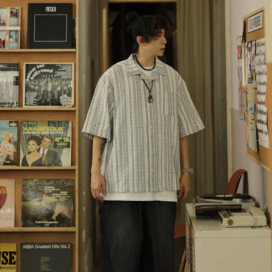 Summer Japanese striped pocket men's casual trend short sleeved shirt