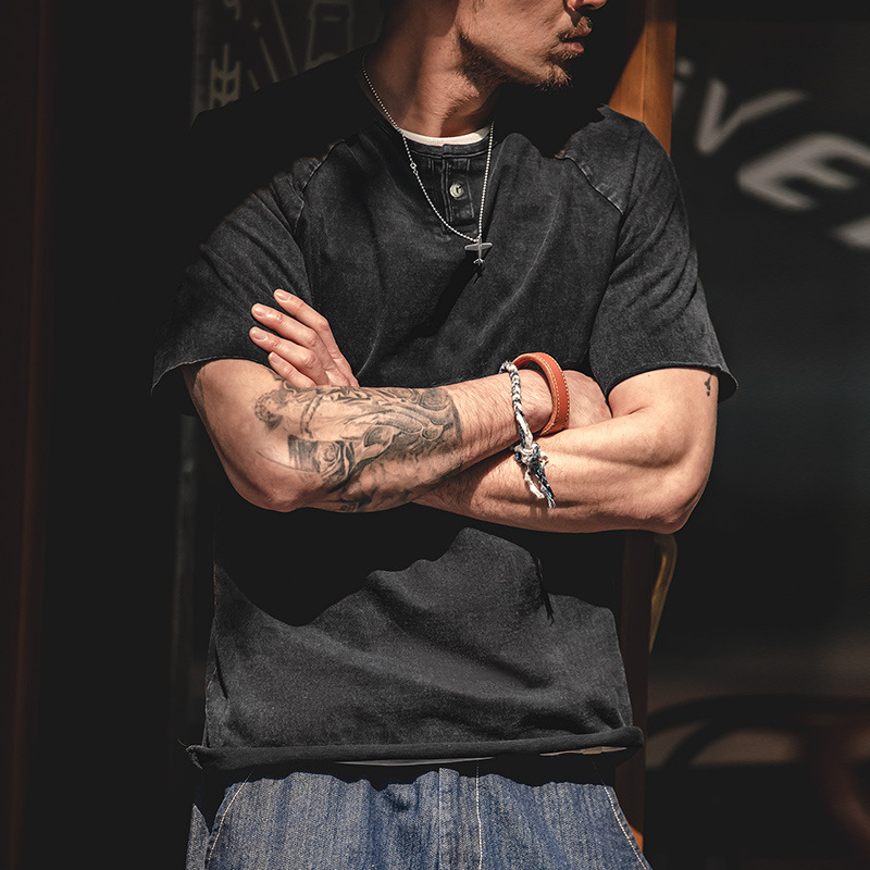 Maden Japanese retro distressed Henry neck elastic slim fit short sleeved T-shirt