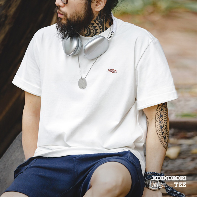 Maden Warm Color Change Lucky Short Sleeve T Japanese Retro Carp Flag Text Printed All Cotton T-shirt