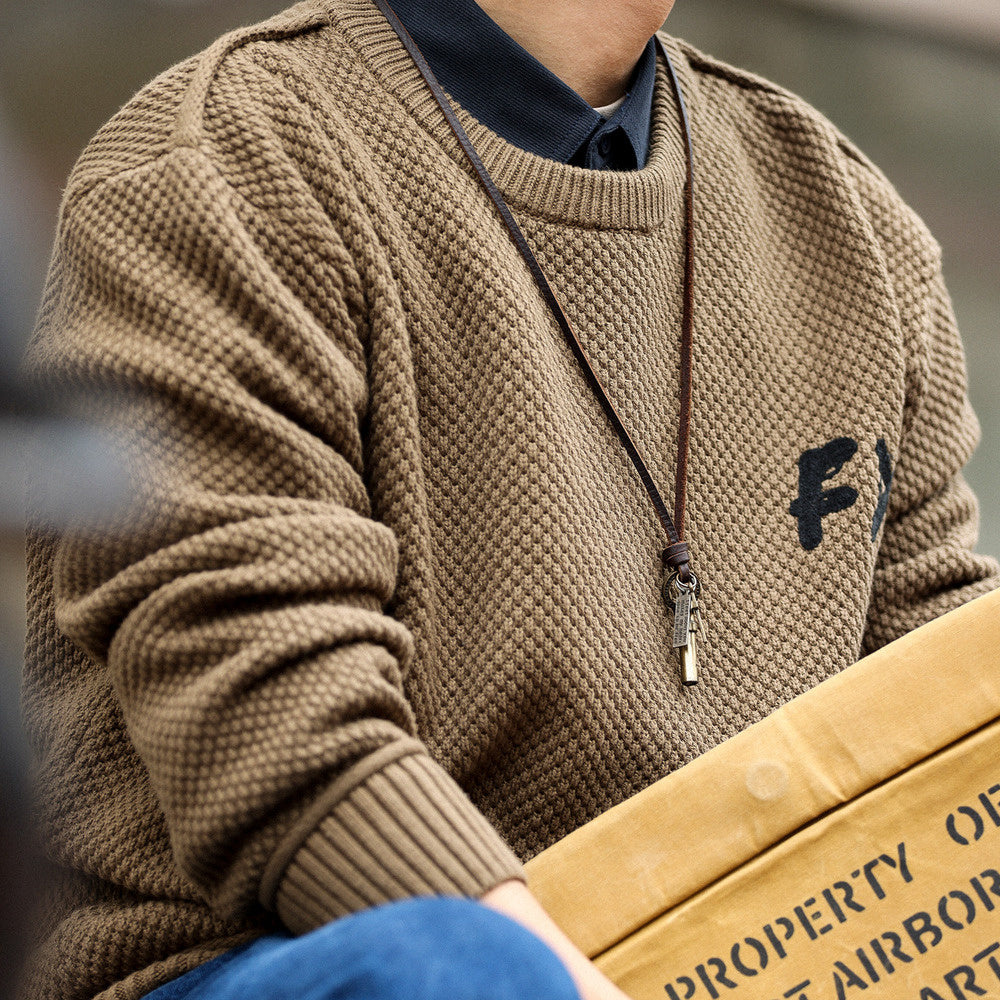 Vintage coarse needle and thread heavyweight sweater with round neck, loose and lazy style, high-end knitted sweater