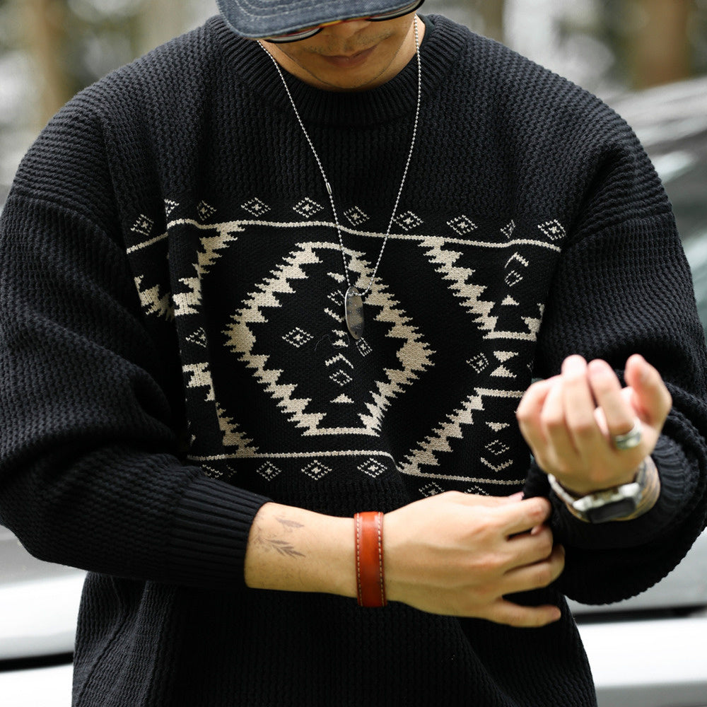 Vintage Navajo diamond jacquard sweater loose 800g heavyweight ethnic style knitted top