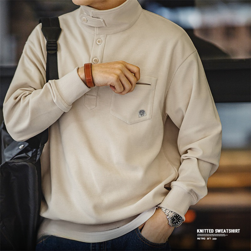 Maden casual half open standing collar hoodie with a lazy style lapel knit polo shirt