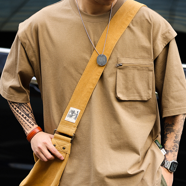 Mountain style outdoor men's loose round neck pocket short sleeved T-shirt