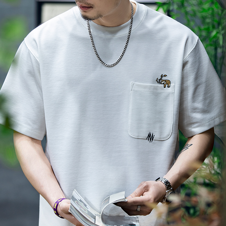 260g men's summer new trendy embroidered pocket loose casual T-shirt