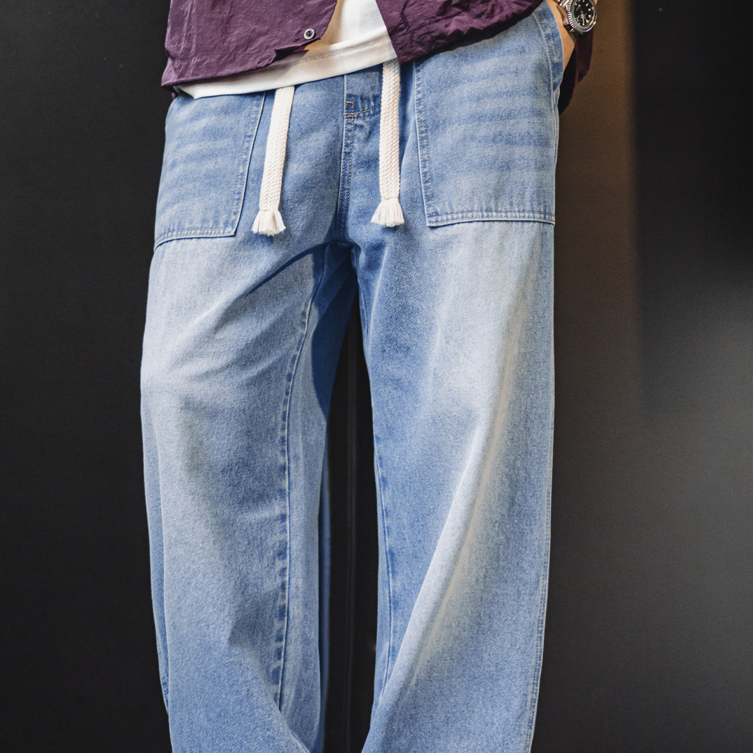 American Baker Washed Denim Wide Leg Drawstring Straight Leg Casual Jeans