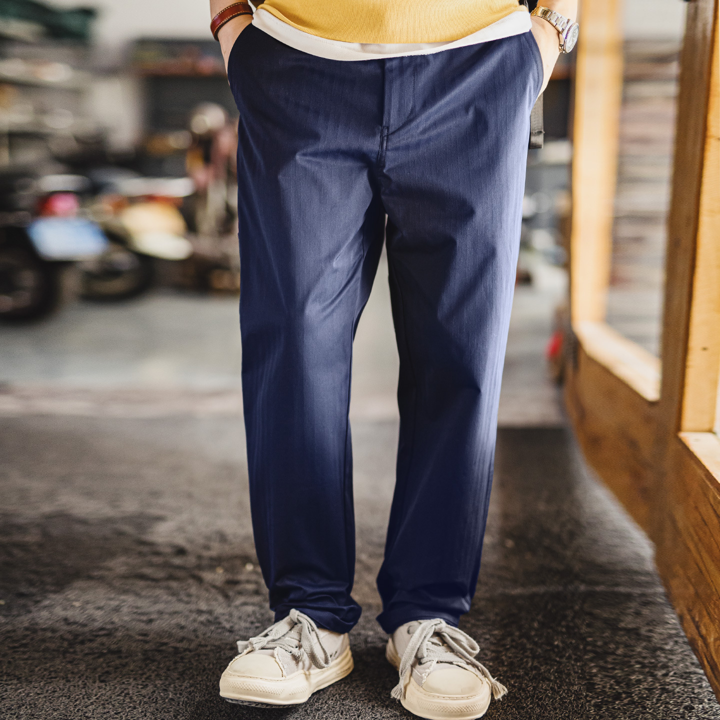 American Retro Blue Straight Tube Micro Tapered Elastic Waistband Herringbone Casual Pants