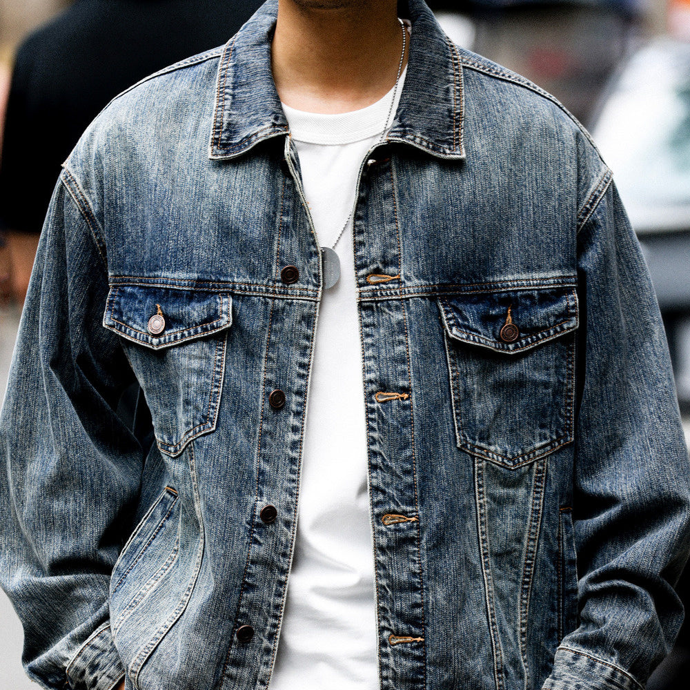 Bamboo patterned Western denim jacket, men's classic outerwear, motorc